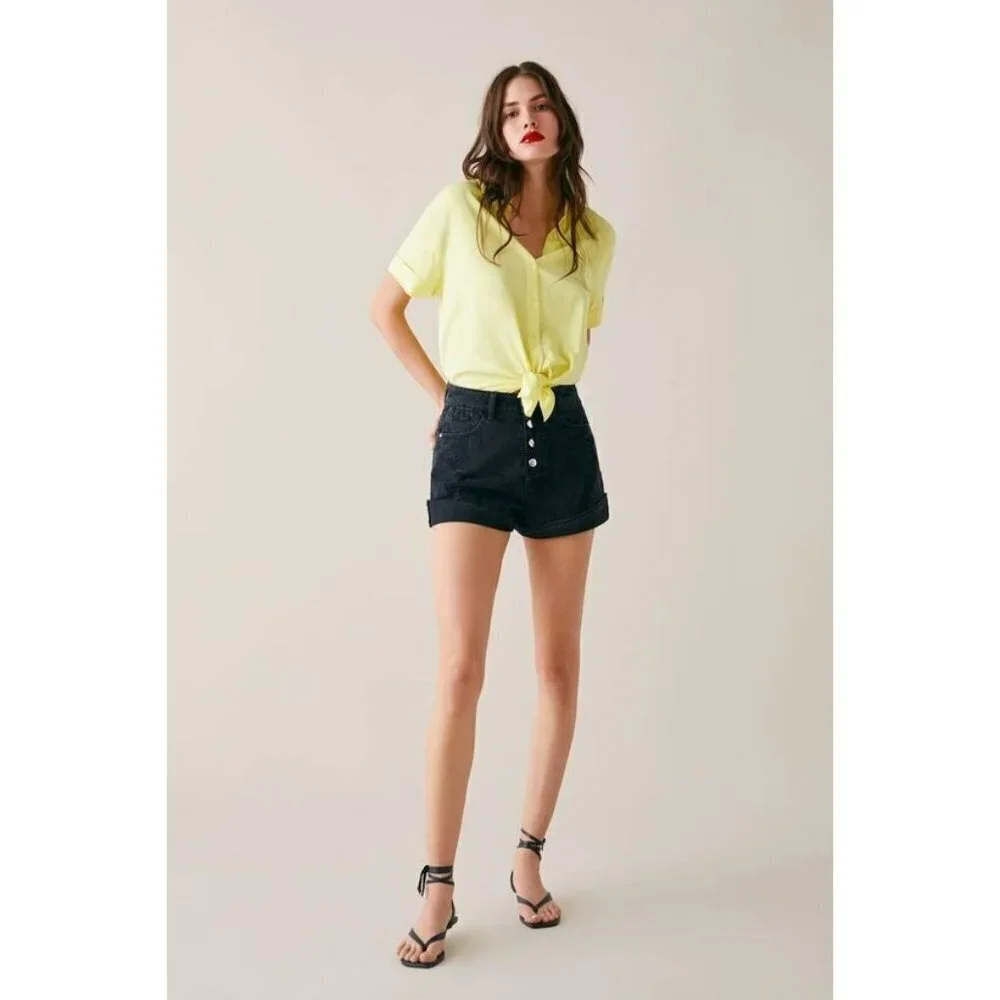 Zara Women's Ripped Shorts Distressed Button Fly Rolled Cuff Shorts Black Size 6